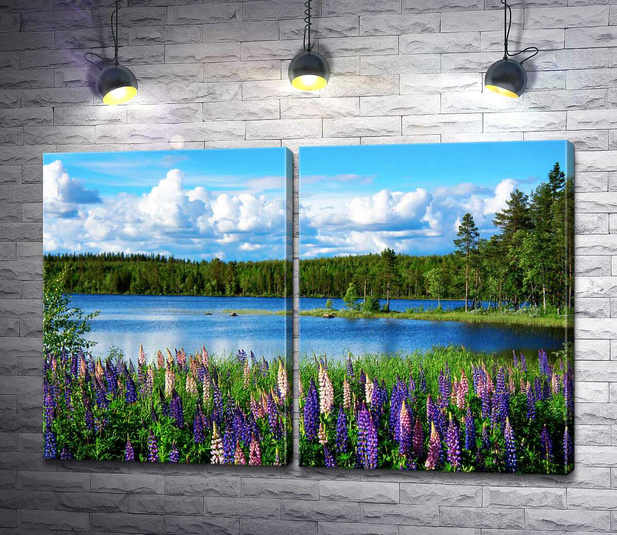 модульная картина Летние цветы люпина укрыли берег лесного озера