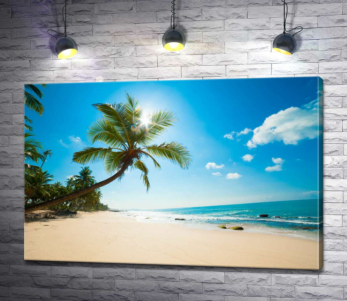 картина Ветвистая пальма свисает над песчаным тропическим берегом