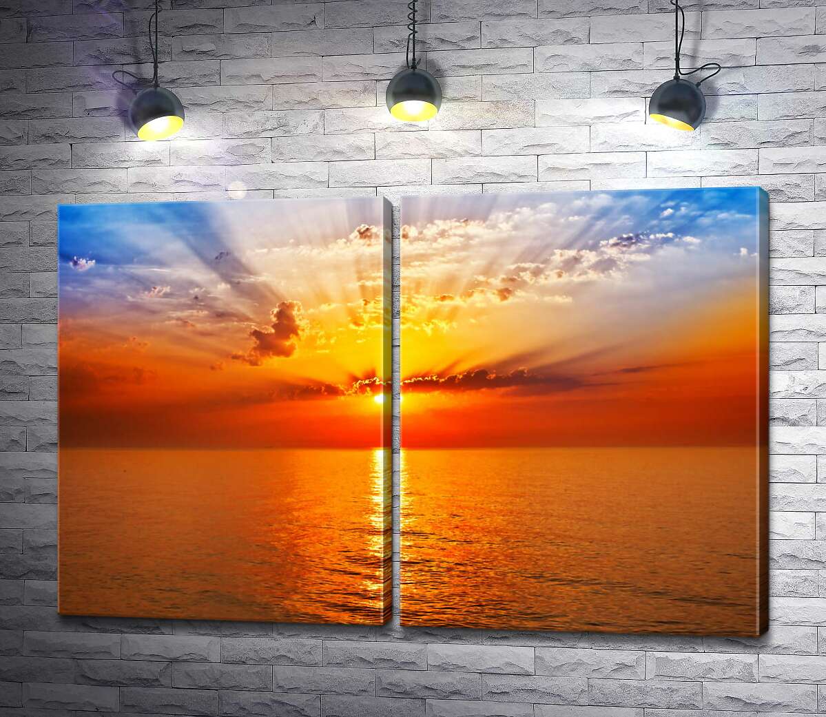 модульна картина Помаранчеве сонце утворює арку променів у небі над морем