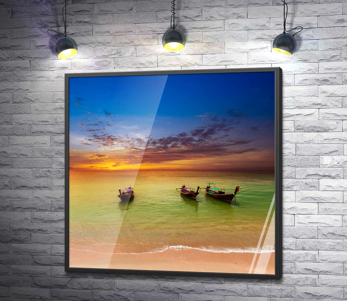 постер Три човни плавають у морській воді біля тропічного берега