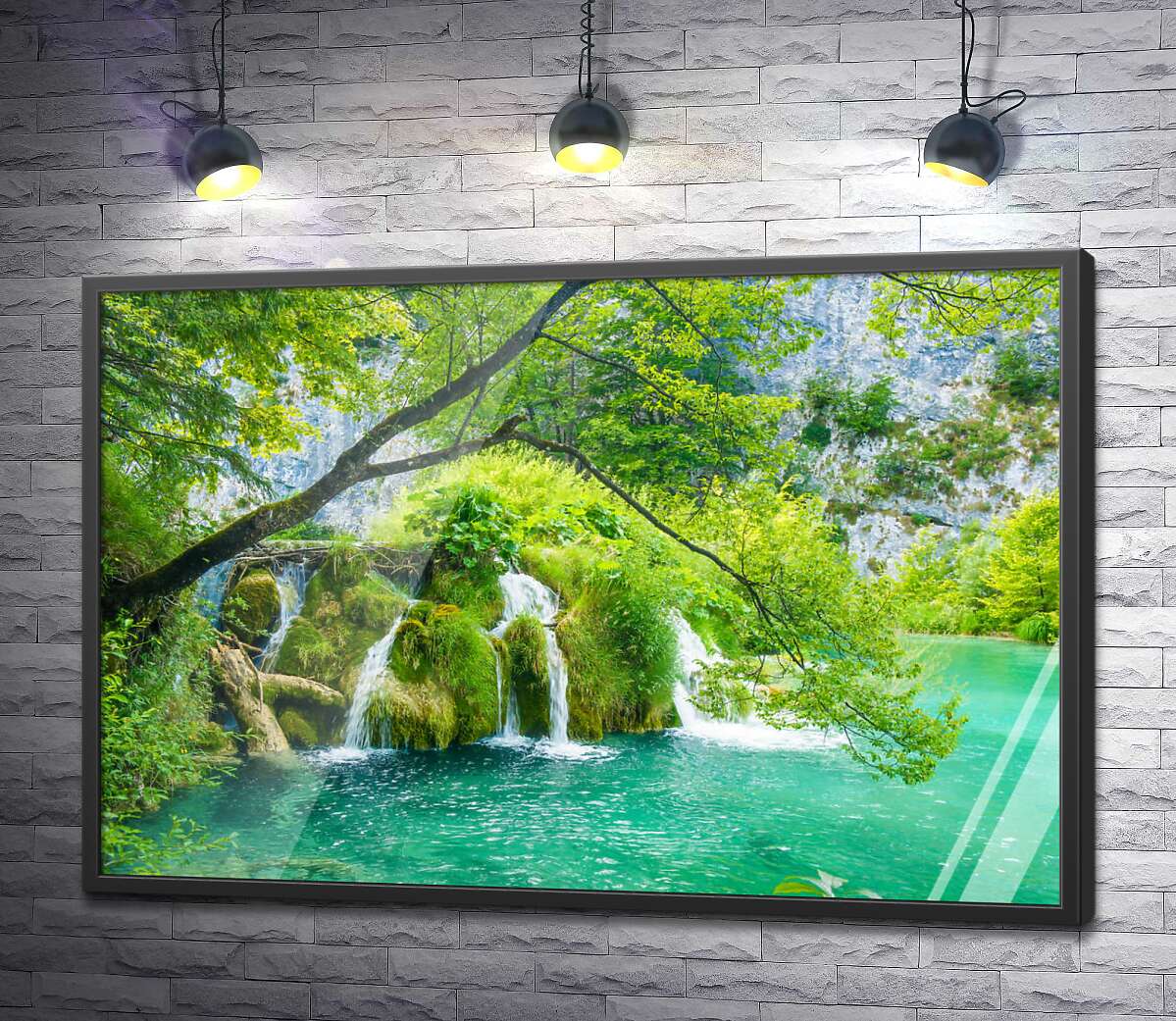постер Маленький водопад оброс зеленым мхом