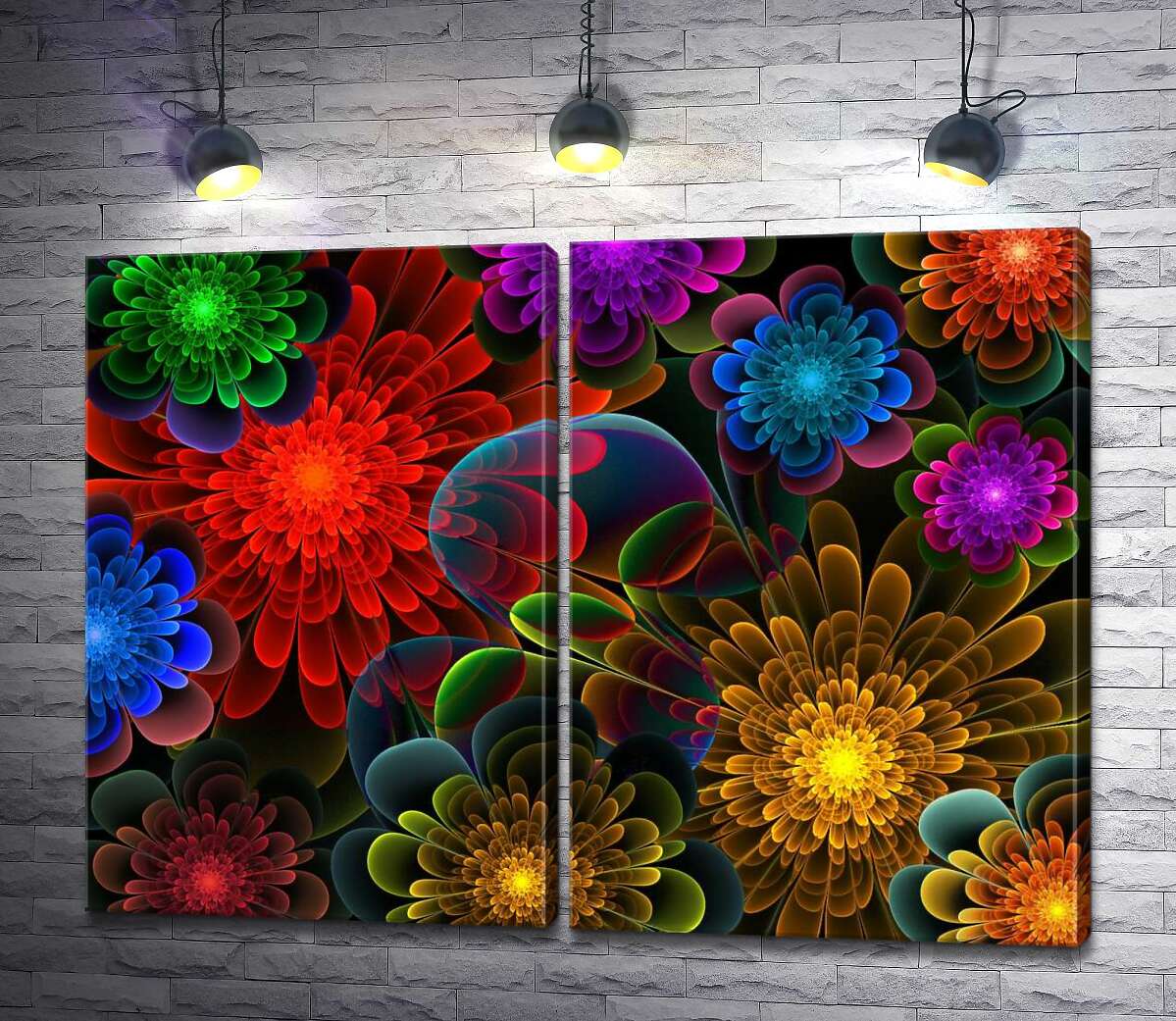 модульна картина Кольорові серединки прозорих квітів світяться на темному фоні
