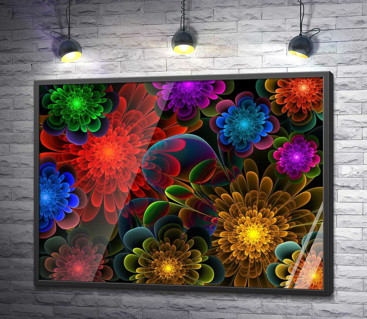 постер Кольорові серединки прозорих квітів світяться на темному фоні
