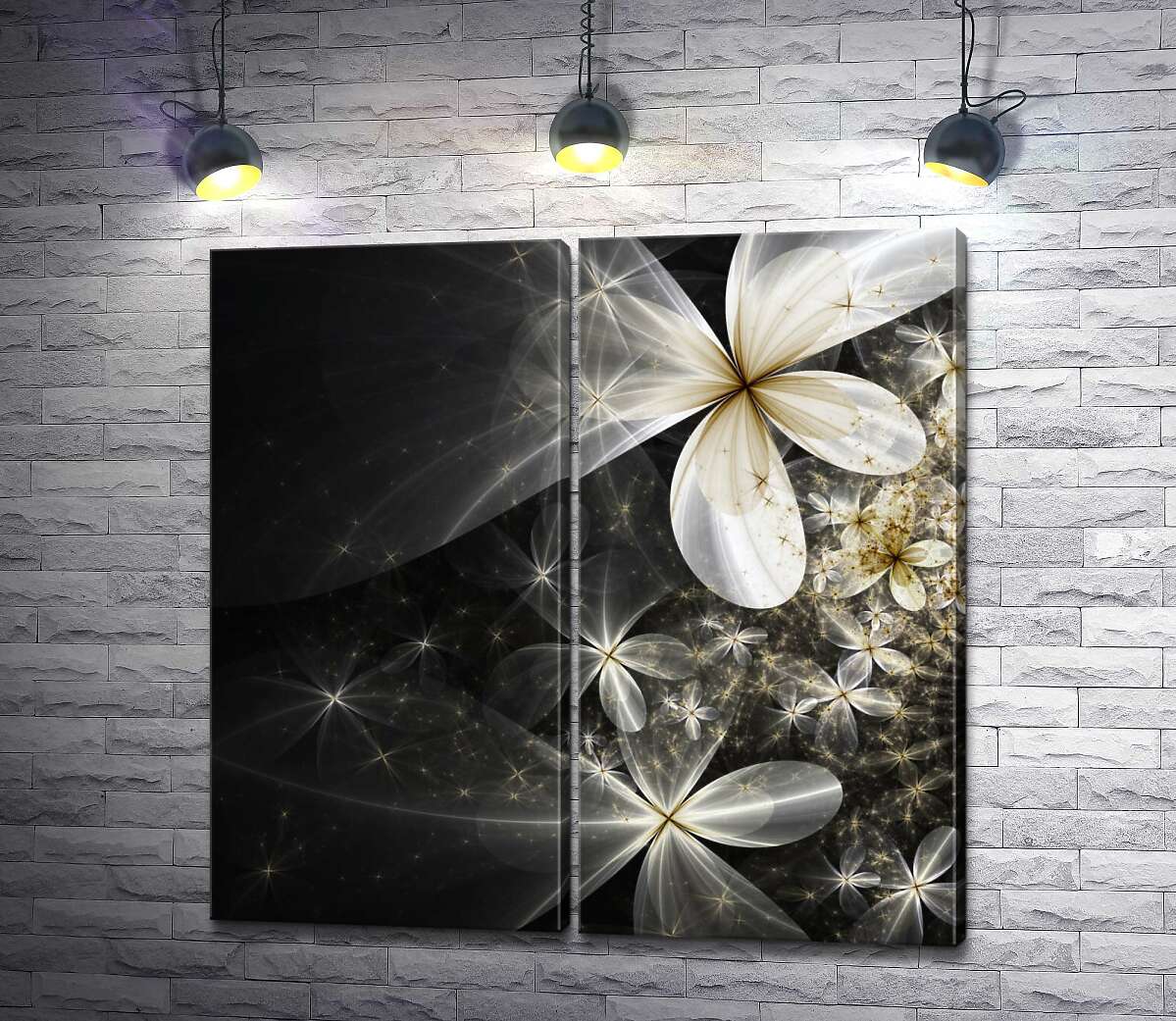 модульная картина Белые цветы сияют на черном фоне