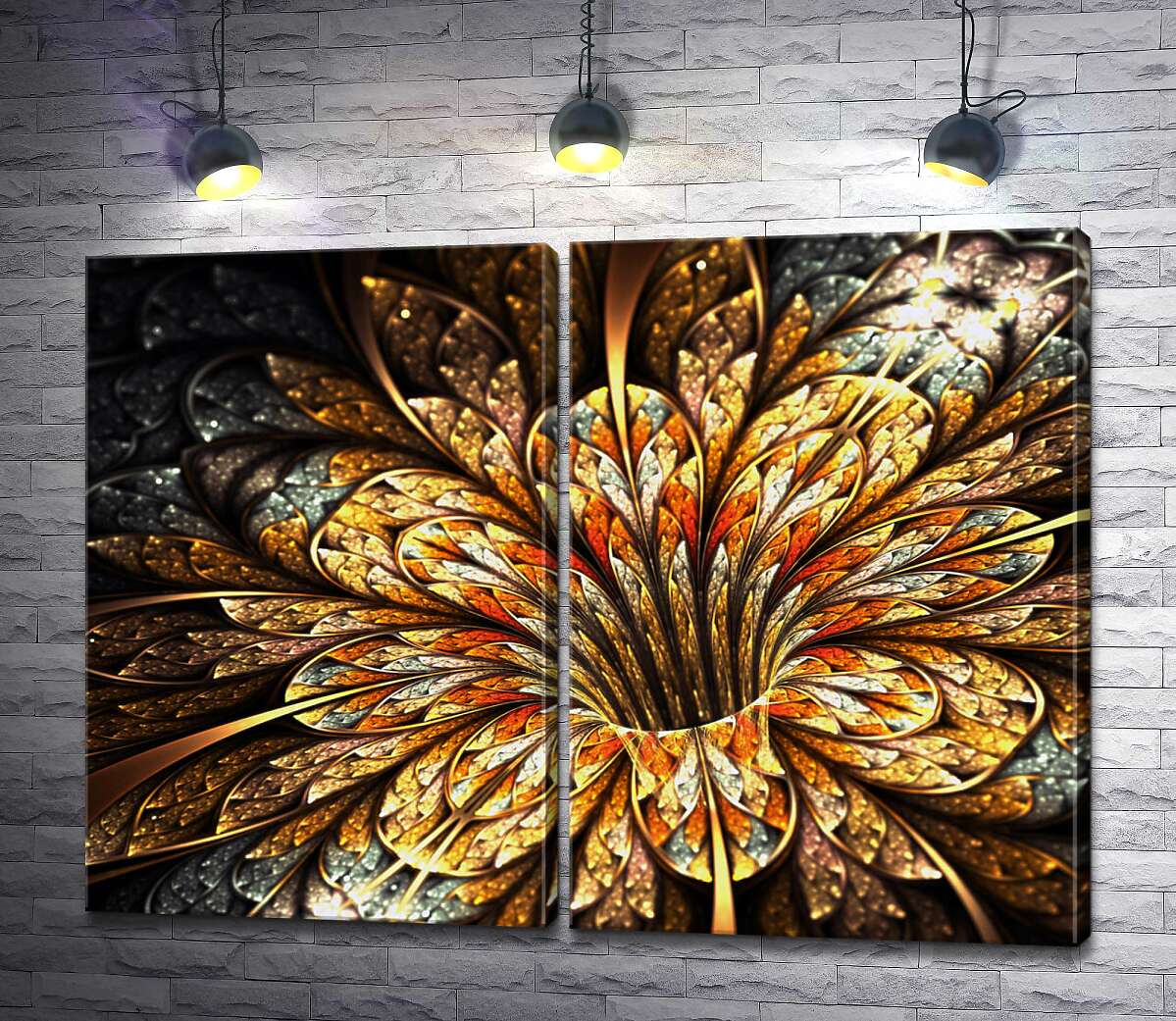 модульная картина Золотые лепестки цветка сверкают каплями росы