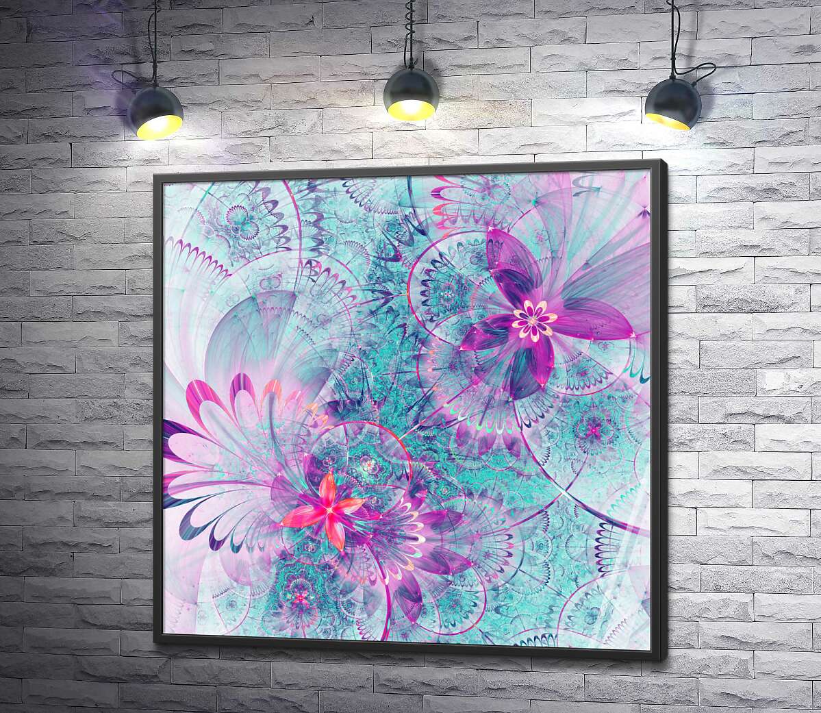 постер Блакитний орнамент переплітається з фіолетовими квітами