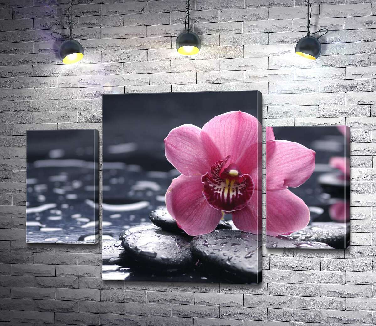 модульная картина Нежная орхидея с яркой серединкой лежит на черных гладких камнях (Модуль №5)