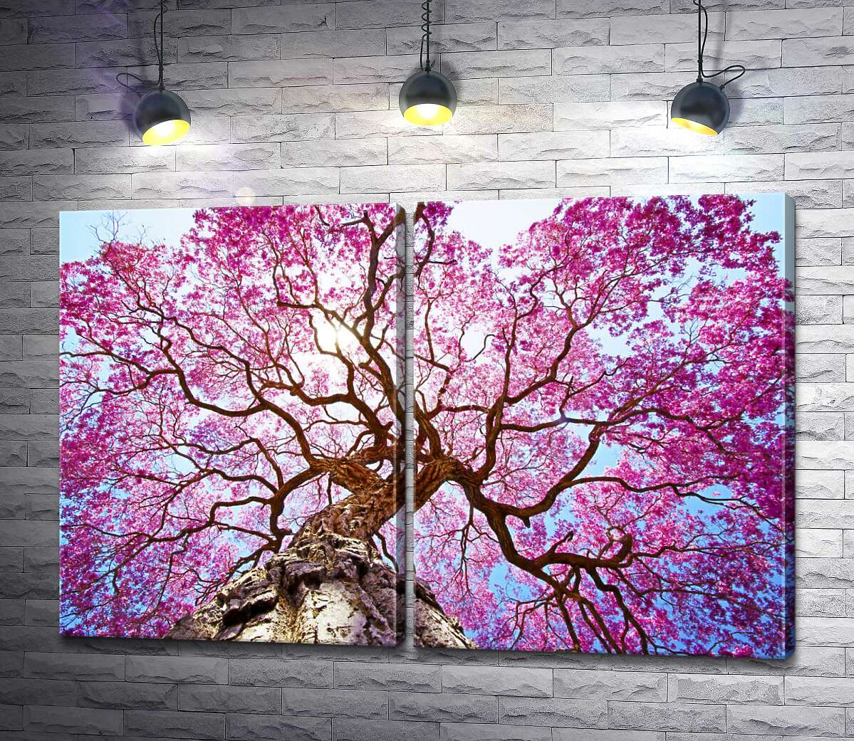 модульная картина Густая крона высокого дерева покрыта розовым цветением