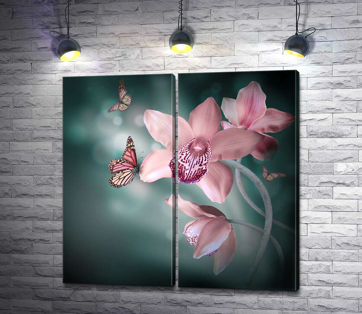 модульная картина Бабочки кружатся между пастельно-розовыми орхидеями
