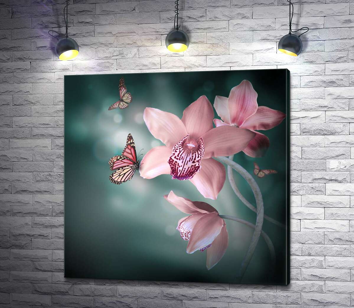 картина Бабочки кружатся между пастельно-розовыми орхидеями