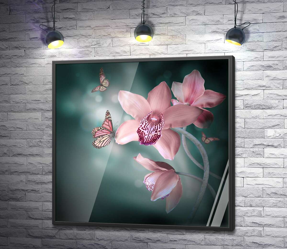 постер Метелики кружляють між пастельно-рожевими орхідеями