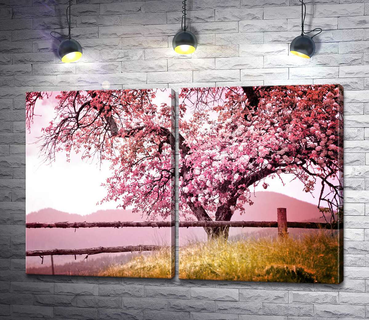 модульна картина Весняне дерево в рожевих квітах кидає тінь на паркан