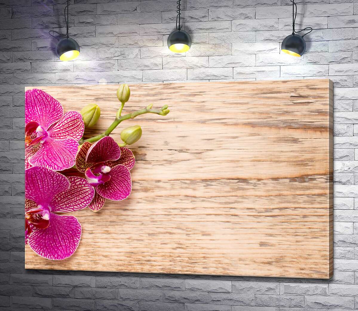картина Розовые орхидеи на фоне пастельных узоров дерева