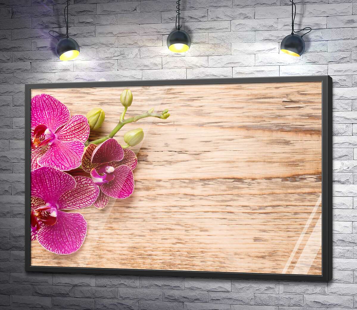 постер Розовые орхидеи на фоне пастельных узоров дерева