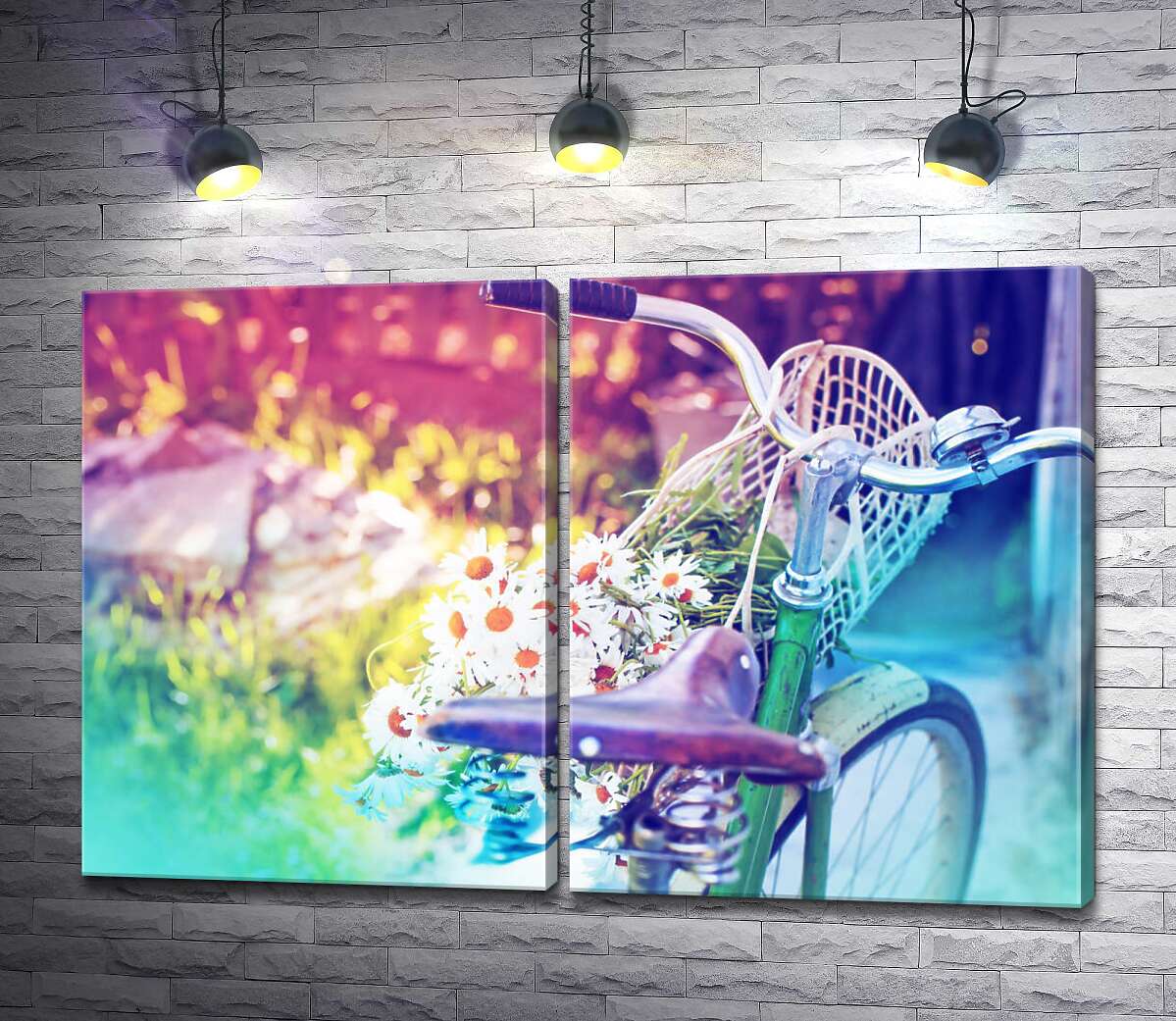модульна картина Літній букет ромашок у корзині старого велосипеда