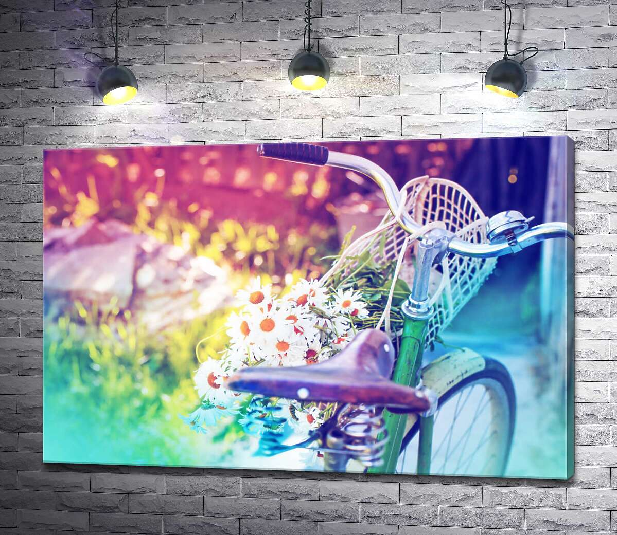картина Літній букет ромашок у корзині старого велосипеда