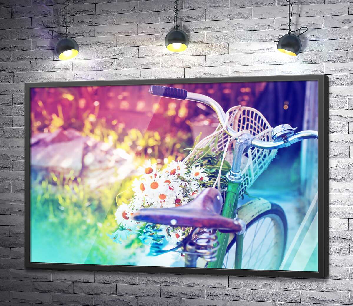 постер Літній букет ромашок у корзині старого велосипеда