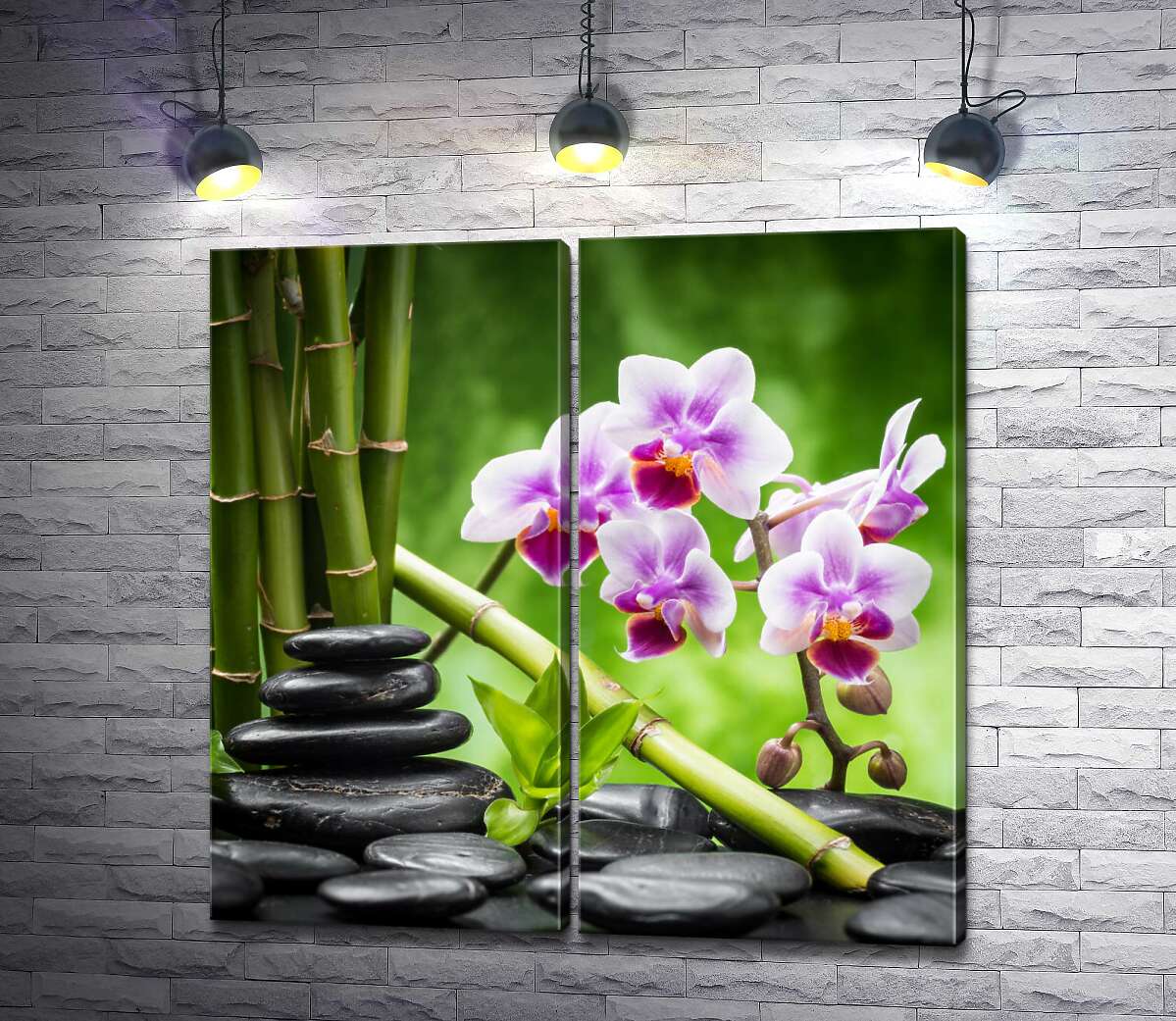 модульна картина Заспокоєння природою: чорне каміння поряд з орхідеєю та бамбуком