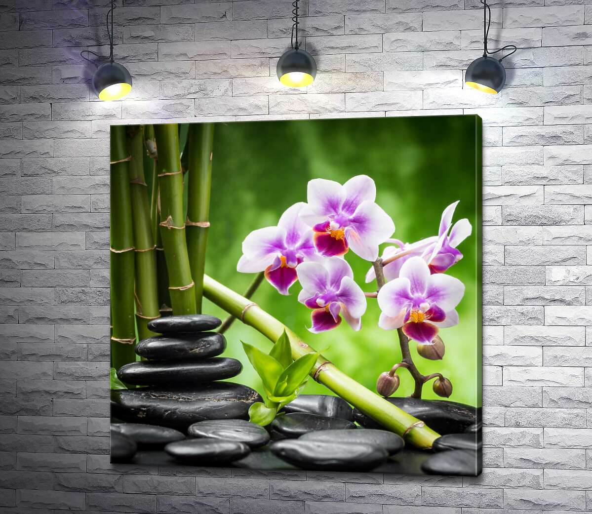 картина Успокоение природой: черные камни рядом с орхидеей и бамбуком