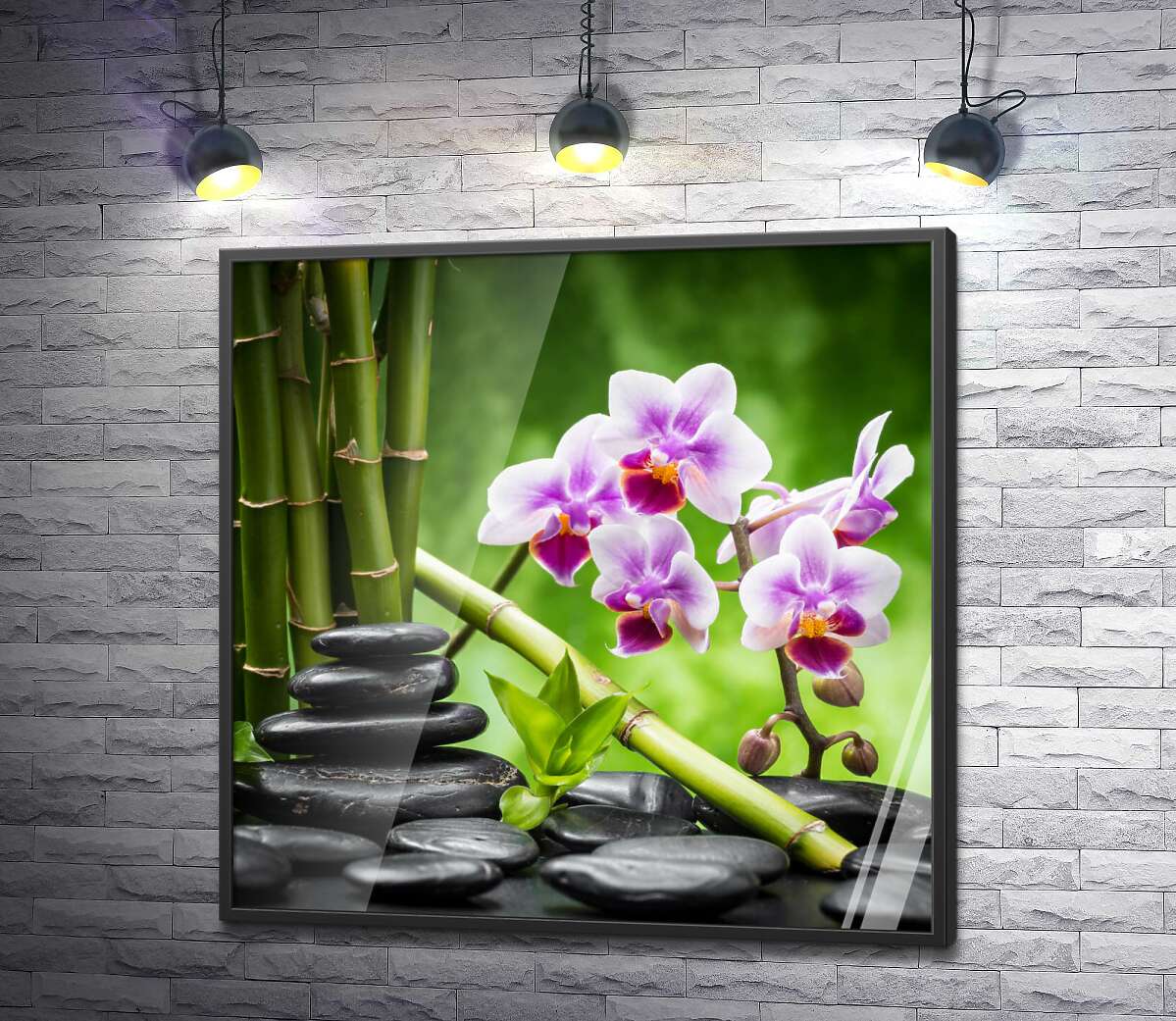 постер Заспокоєння природою: чорне каміння поряд з орхідеєю та бамбуком