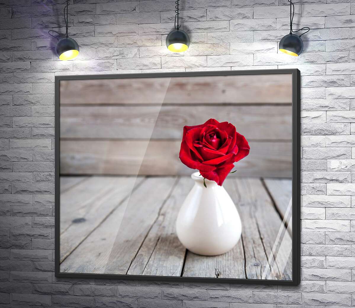 постер Маленька червона троянда у гладенькій білій вазі