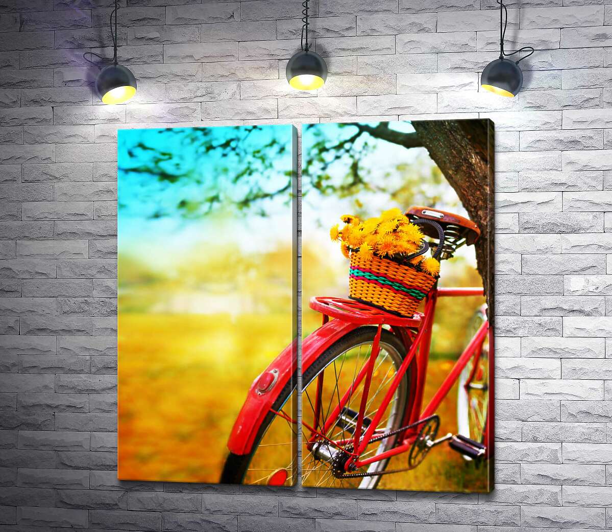 модульная картина Весенняя корзина с одуванчиками стоит на красном велосипеде