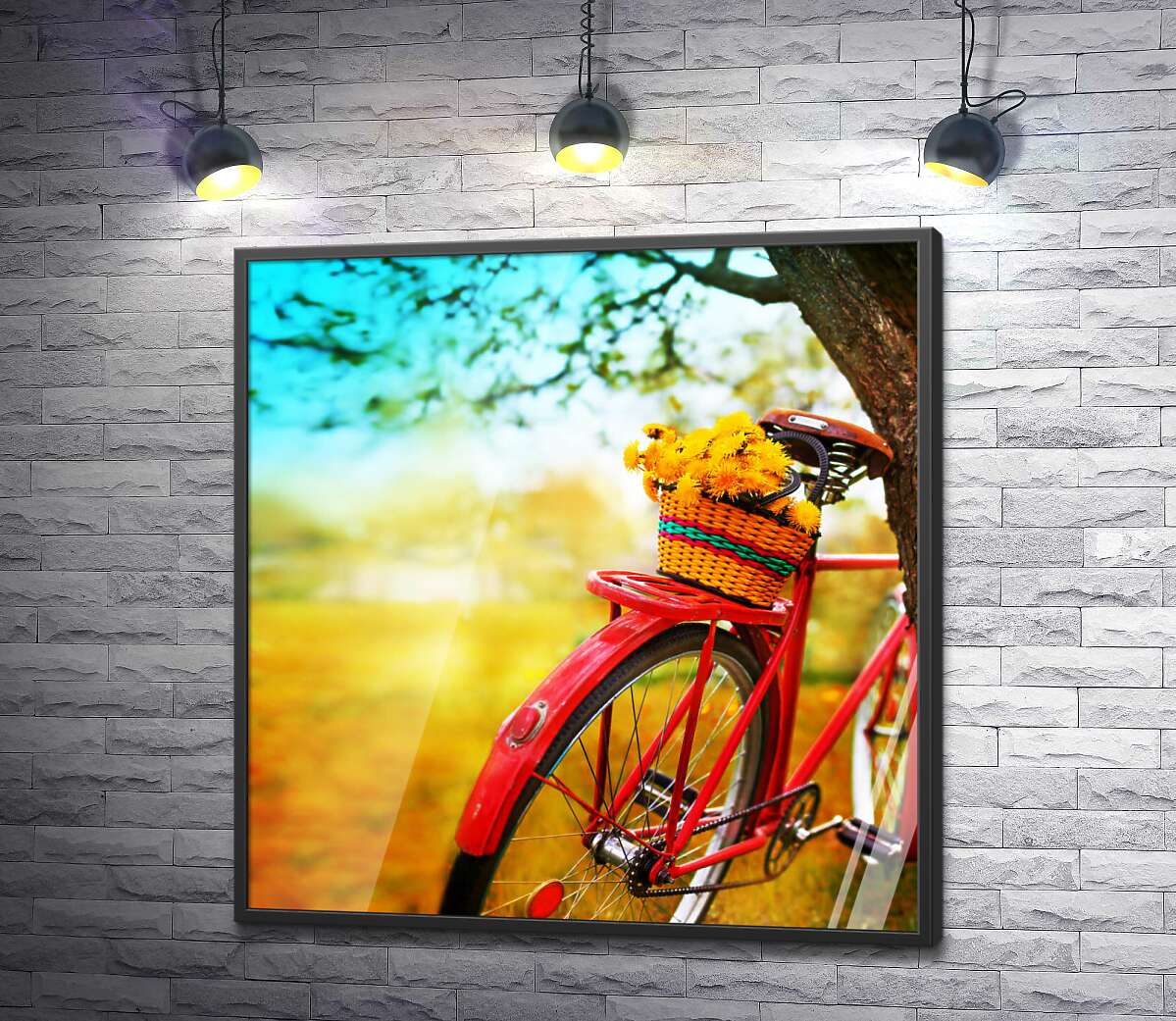 постер Весенняя корзина с одуванчиками стоит на красном велосипеде