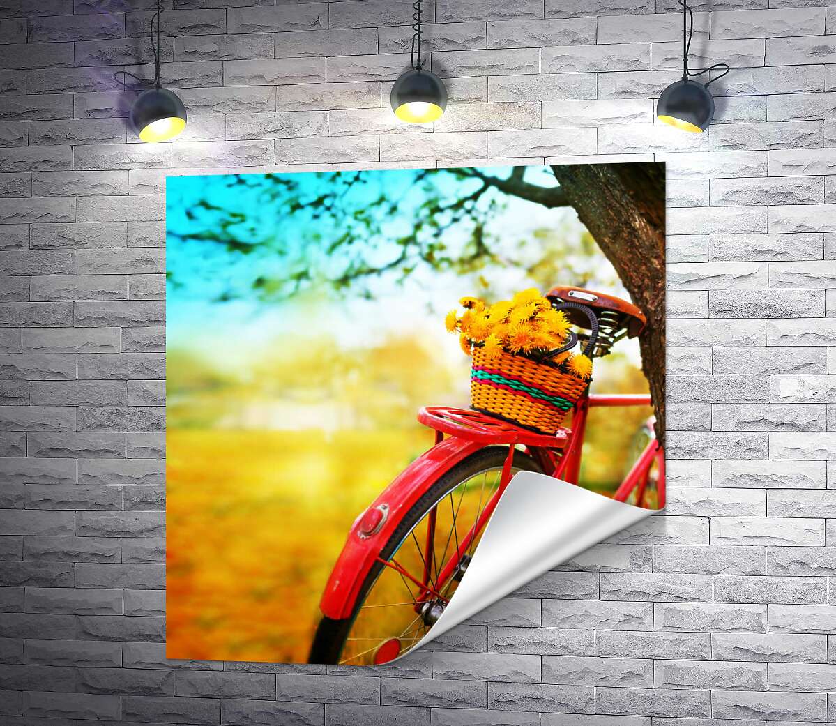 друк Весняний кошик з кульбабами стоїть на червоному велосипеді