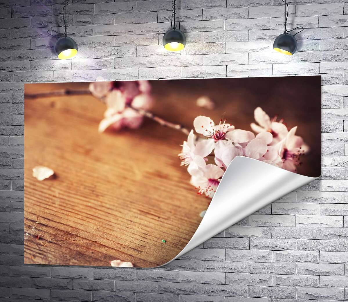 друк Квітуча гілочка рожевої сакури лежить на столі