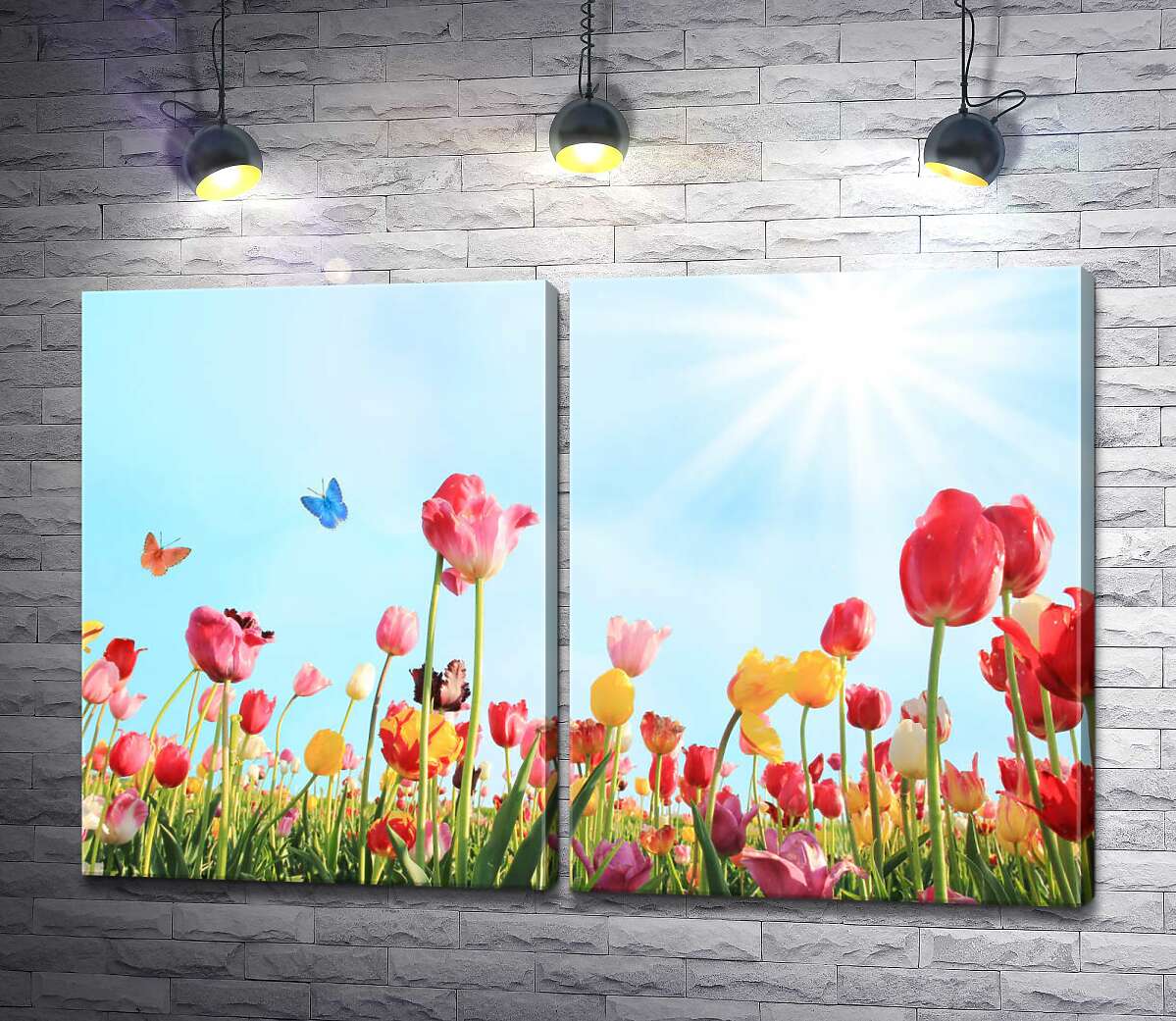 модульная картина Бабочки летают среди весеннего поля тюльпанов
