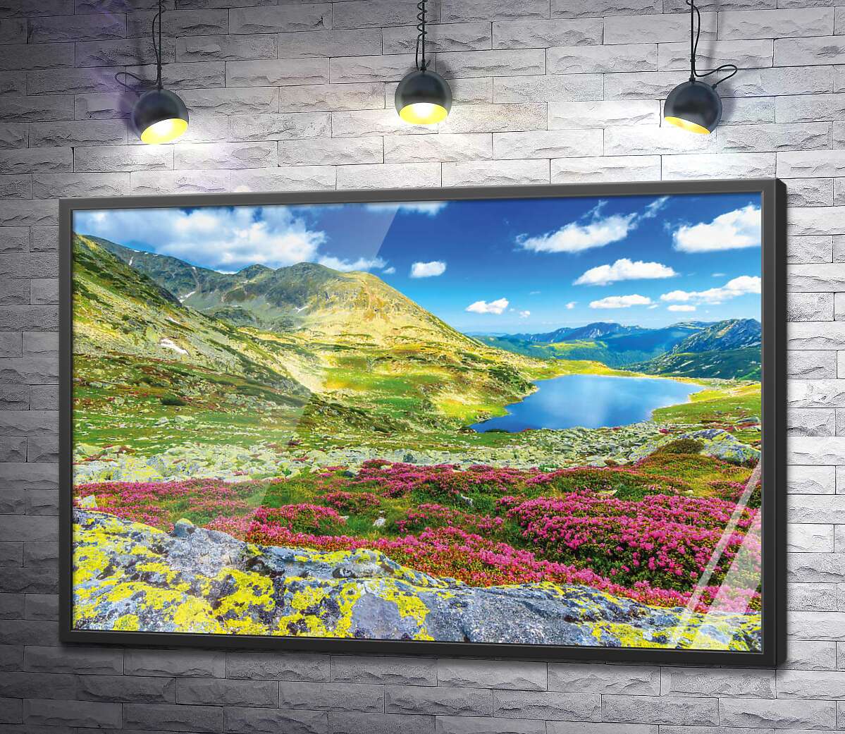 постер Квітучий літній схил веде до гірського озера