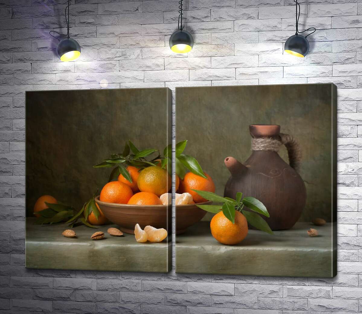 модульная картина Сочные мандарины в тарелке рядом с глиняным кувшином