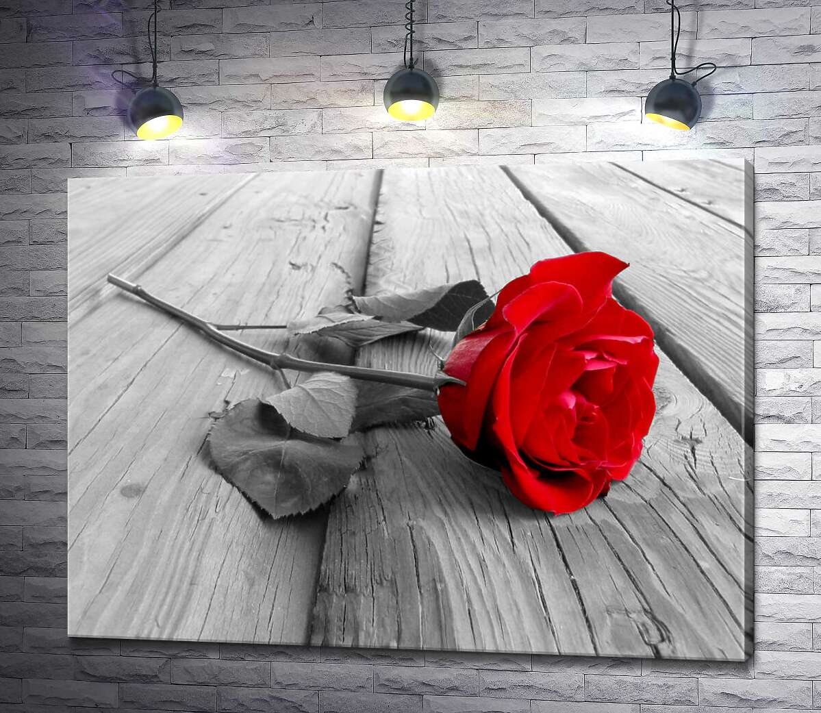 картина Струнка квітка червоної троянди лежить на дерев'яному столі