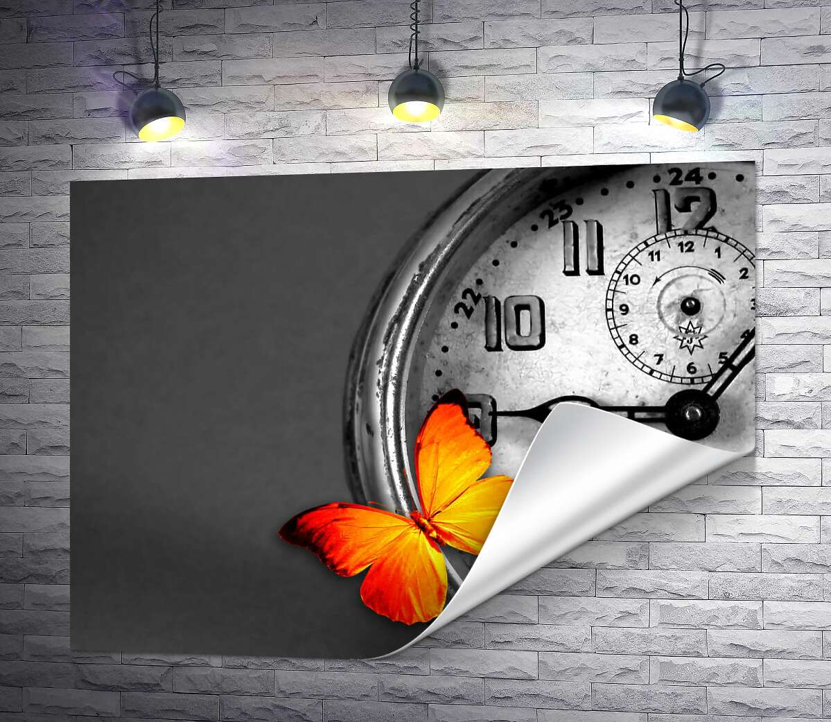 друк Помаранчевий метелик відпочиває на вінтажному годиннику