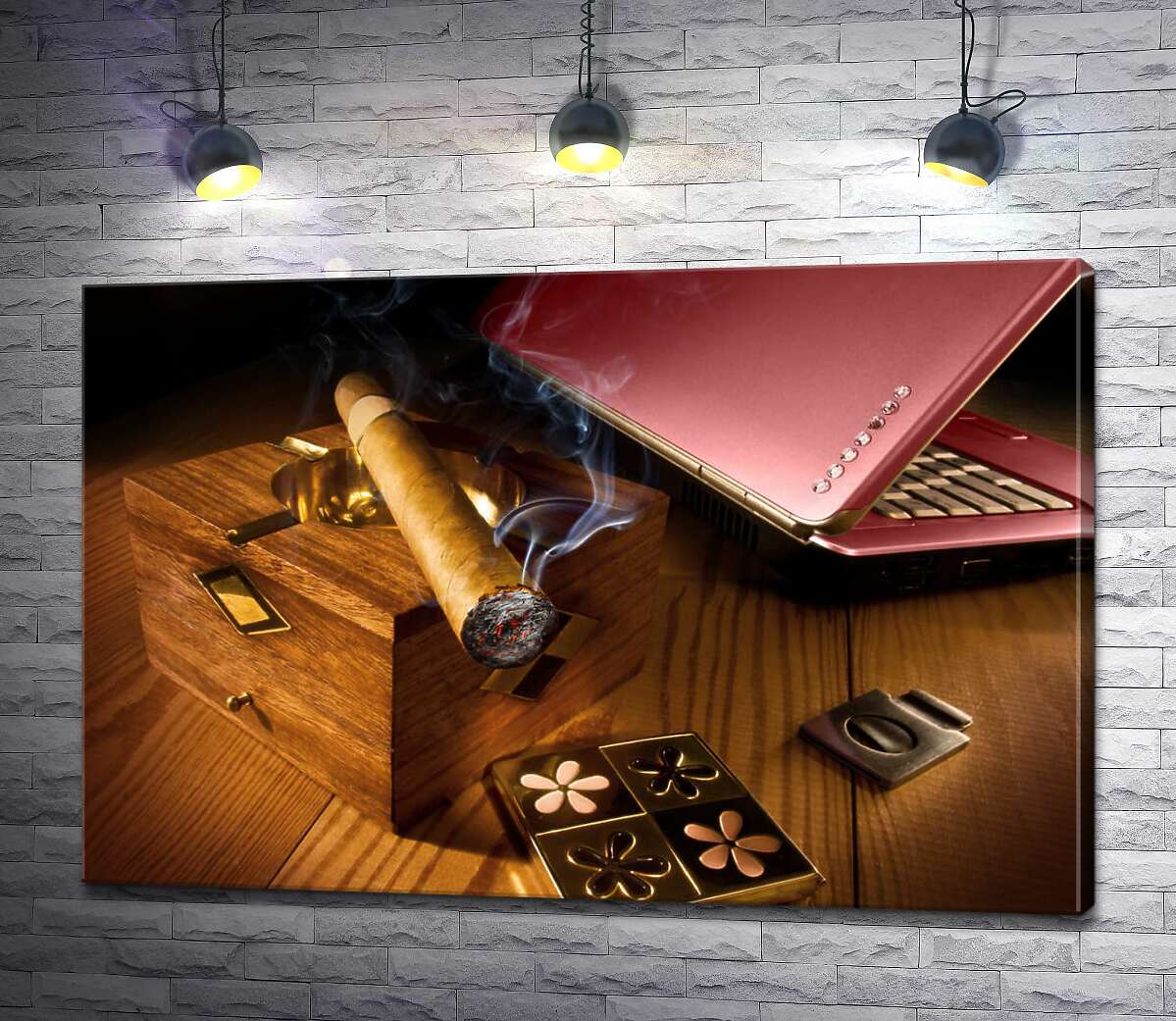 картина Толстая сигара пускает дым на перламутровую поверхность ноутбука