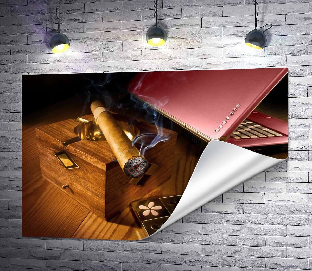 печать Толстая сигара пускает дым на перламутровую поверхность ноутбука