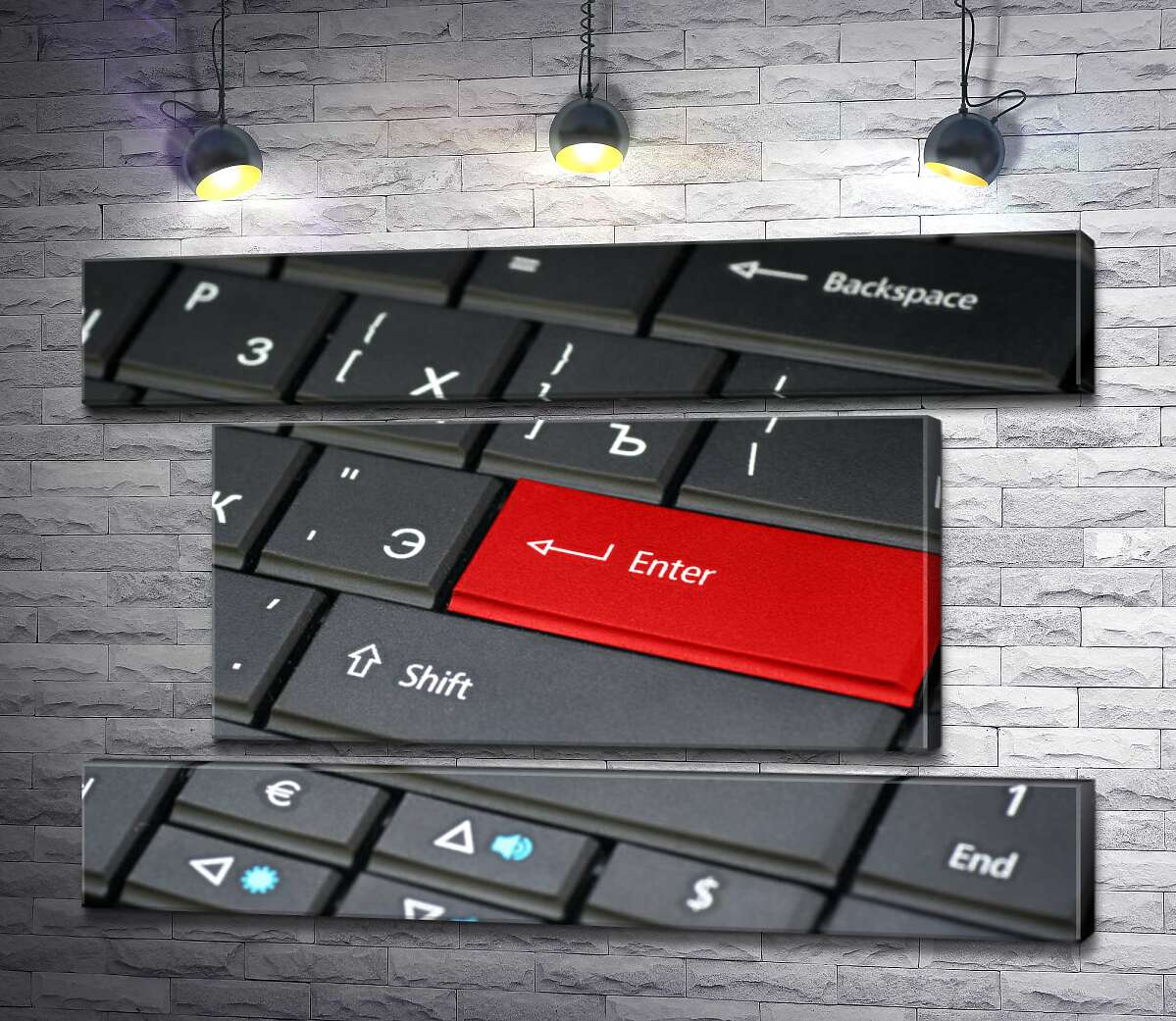 модульна картина Червона клавіша "Enter" на пастельно-чорній клавіатурі (Модуль №18)