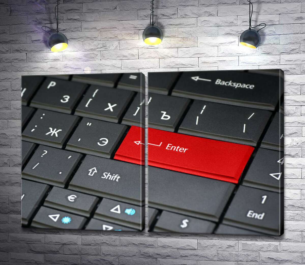 модульная картина Красная клавиша "Enter" на пастельно-черной клавиатуре
