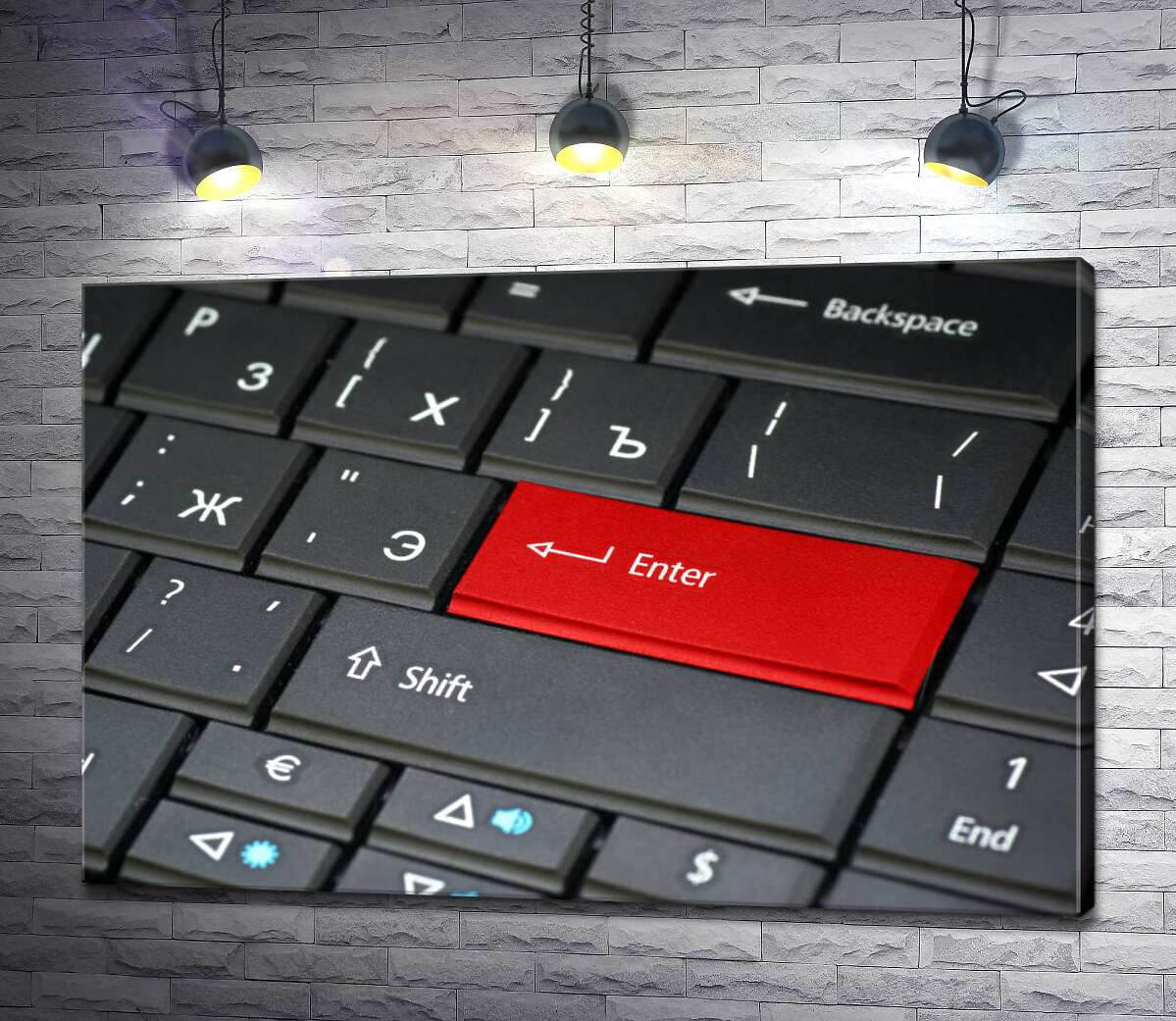 картина Червона клавіша "Enter" на пастельно-чорній клавіатурі