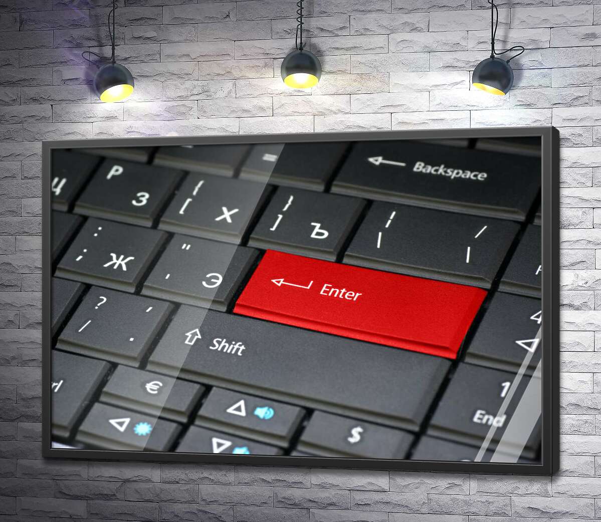 постер Красная клавиша "Enter" на пастельно-черной клавиатуре