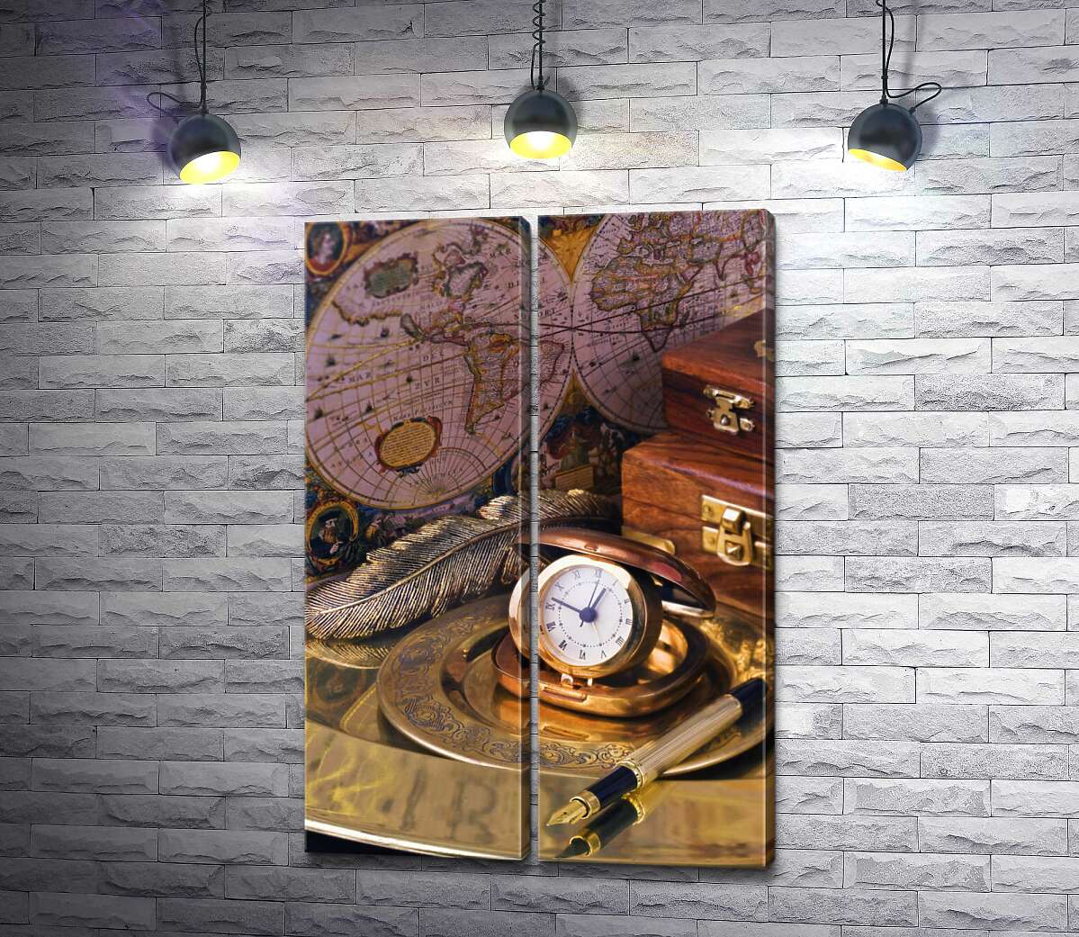 модульна картина Кишеньковий годинник в центрі вінтажного натюрморту