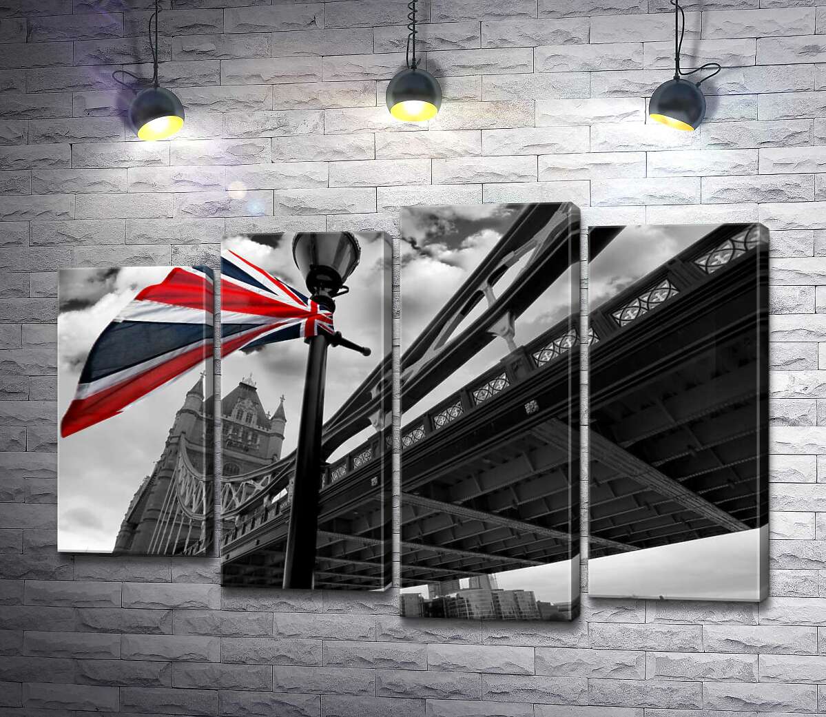 модульная картина Британский флаг висит на фонаре среди Тауэрского моста (Tower Bridge) (Модуль №3)