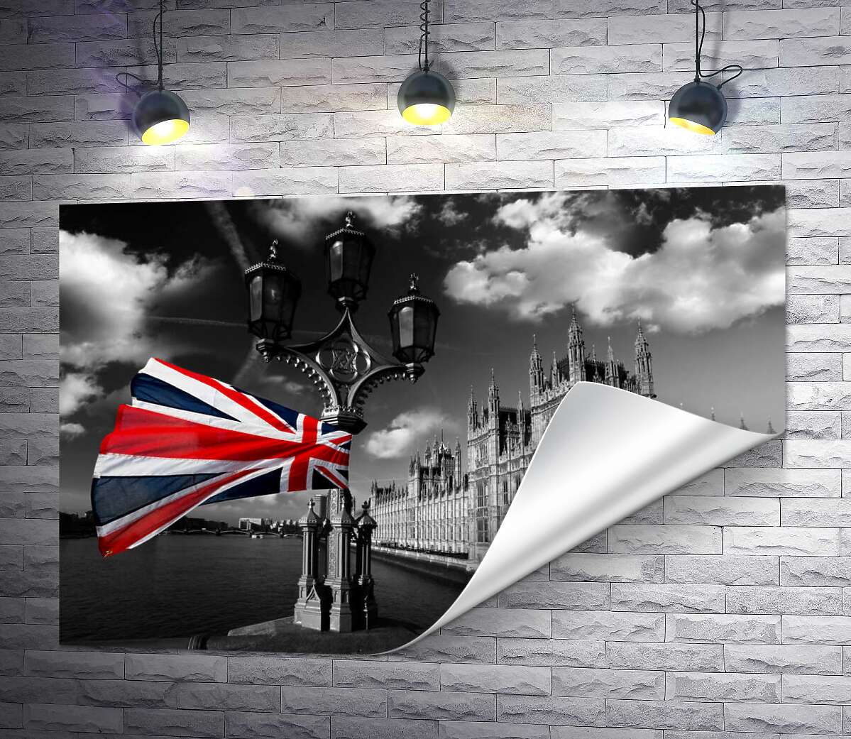 печать Британский флаг трепещит на ветру над глубоководной Темзой