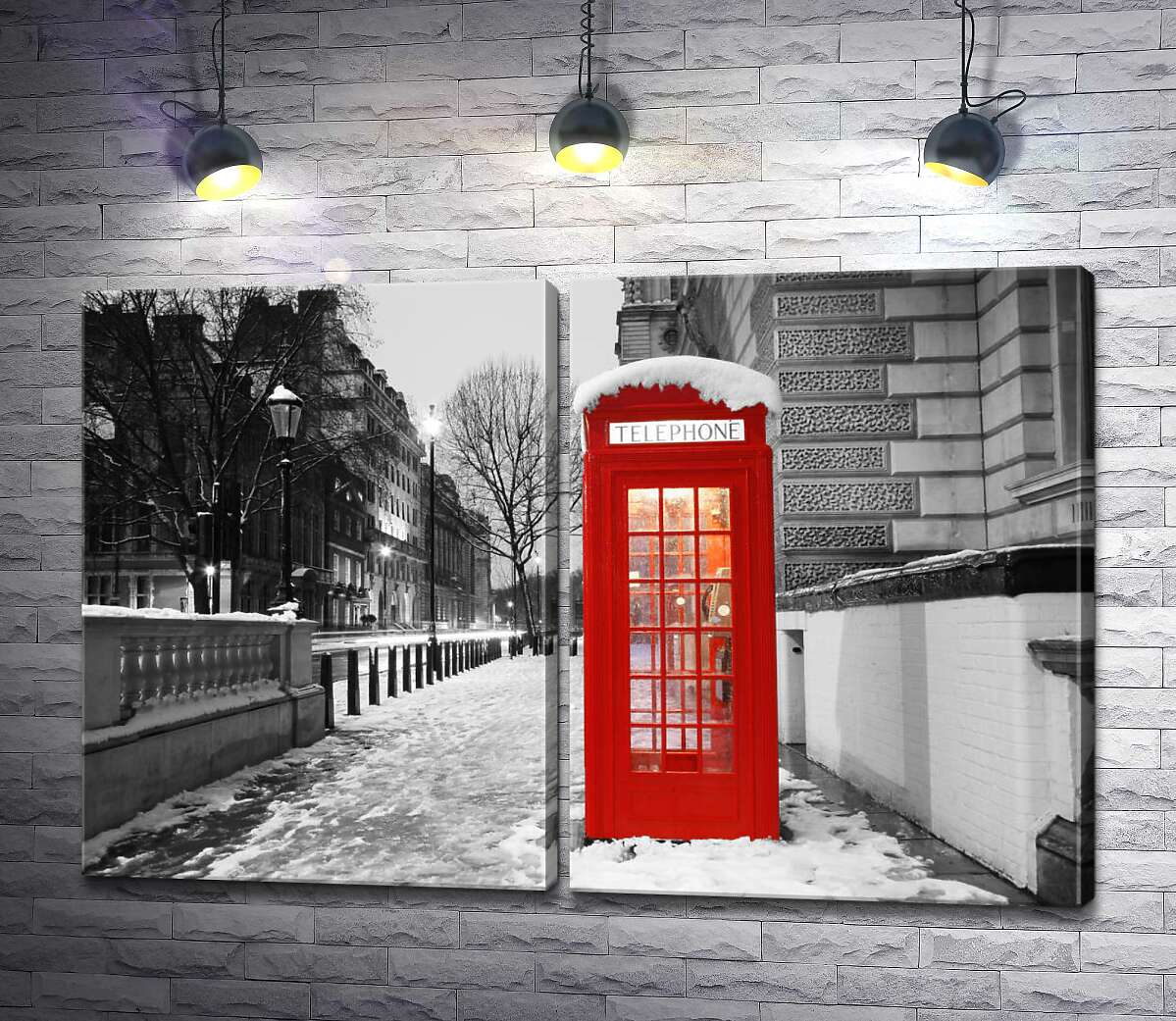 модульная картина Телефонная будка стоит на вечерней улице заснеженного Лондона