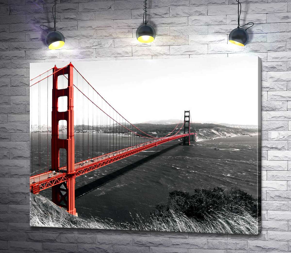 картина Яскравий міст "Золоті ворота" (Golden Gate Bridge) прокладений над темними водами протоки