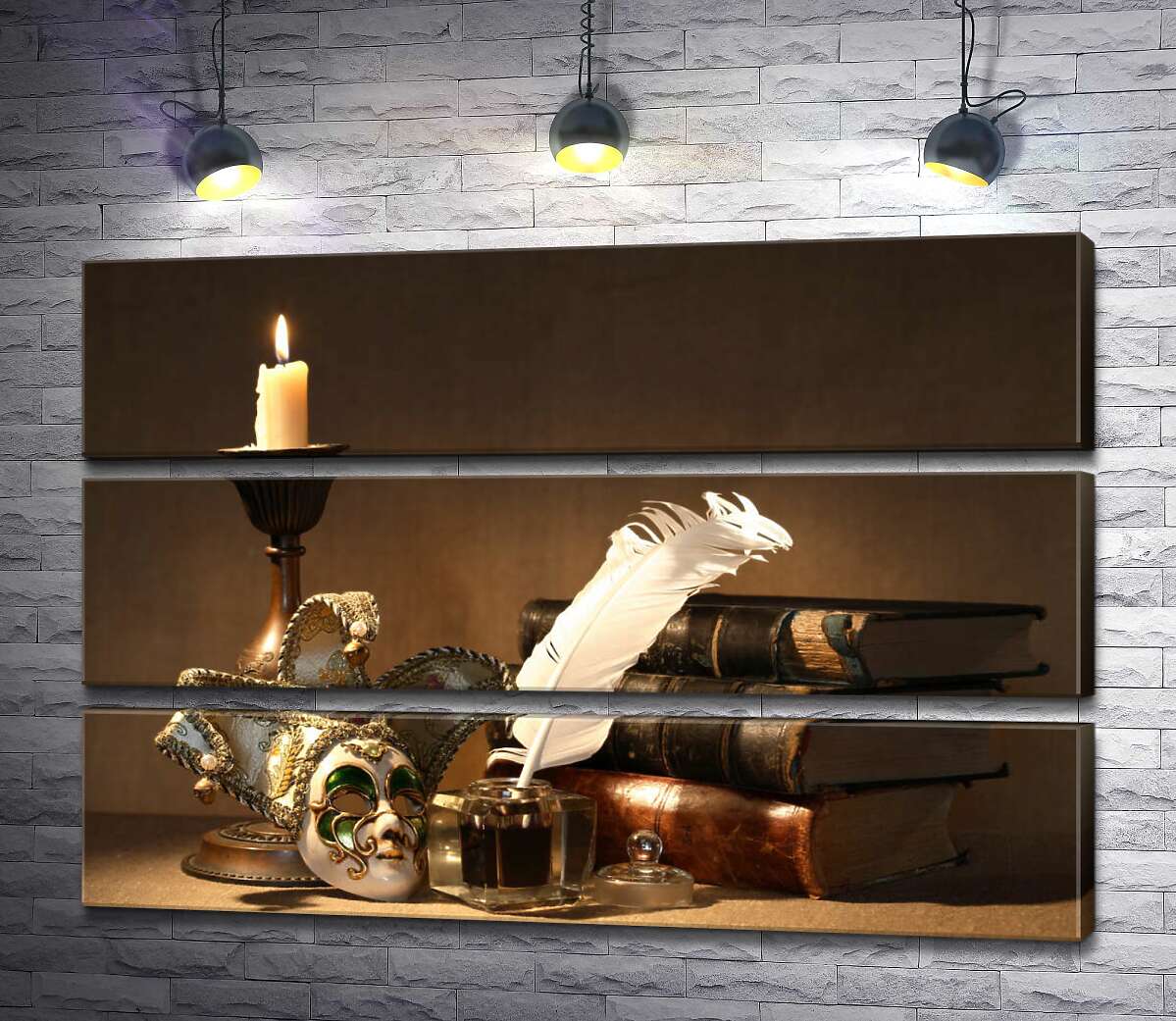 модульна картина Книги, свічка, чорнильниця та венеційська маска у вишуканому натюрморті (Модуль №15)