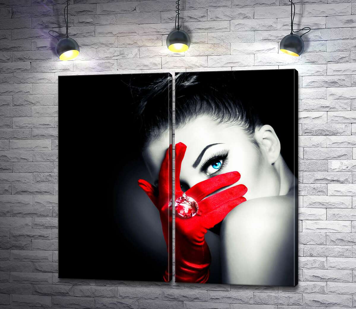 модульна картина Таємнича краса дівчини, прикрита червоною рукавичкою
