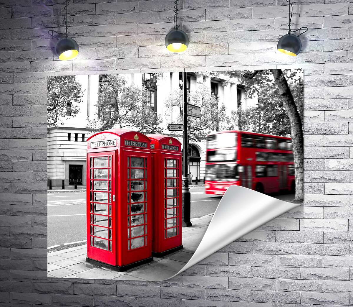 печать Красный акцент телефонных будок в пастельном покое лондонской улицы