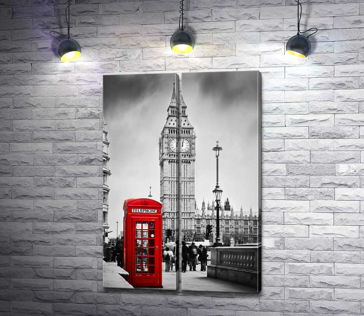 модульная картина Контраст красной телефонной будки и серой башни Биг Бена (Big Ben)