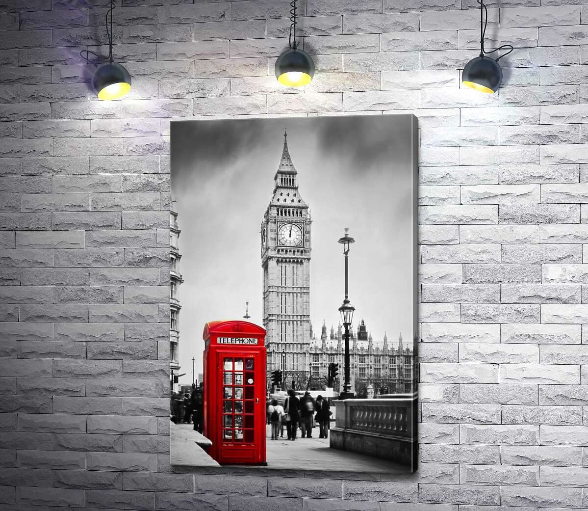 картина Контраст красной телефонной будки и серой башни Биг Бена (Big Ben)